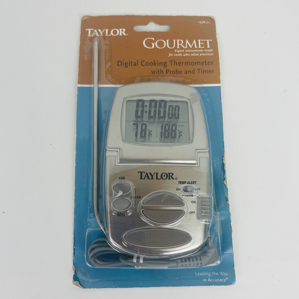 Taylor Digital Cooking Thermometer 1478-21 Gourmet Silver Probe Timer New